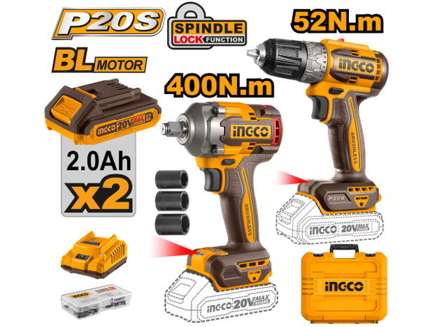 Imagen de KIT ATORNILLADOR IMP + TALADRO 20V P20S INGCO