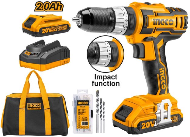 Imagen de TALADRO ATORNILLADOR INGCO CON PERCUTOR  20V + BOLSO