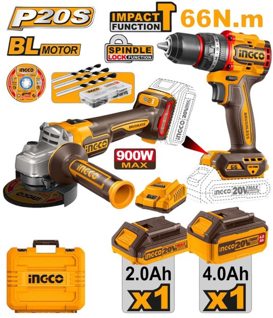 Imagen de COMBO ATORNILLADOR + AMOLADORA 4.5" 20V INGCO