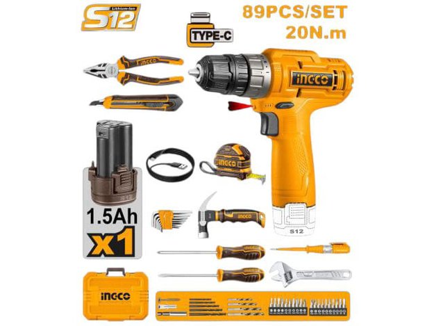 Imagen de KIT ATORNILLADOR 12V CON 89 HERRAMIENTAS INGCO