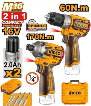 Imagen de KIT COMBO A BATERÍA 16V TALADRO ATORNILLADOR + ATORNILLADOR DE IMPACTO INGCO