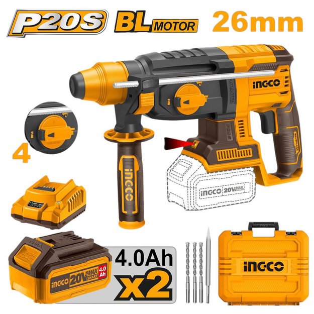 Imagen de ROTOMARTILLO A BATERÍA 20V 26MM 4 FUNCIONES BRUSHLESS INGCO