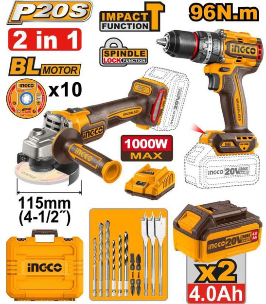 Imagen de KIT TALADRO CON PERCUTOR + AMOLADORA 4.5" 20V INGCO