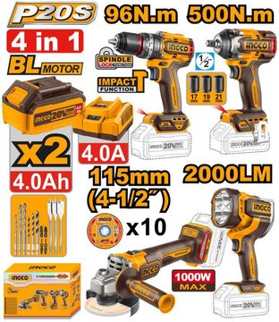 Imagen de KIT HERRAMIENTAS BATERÍA 20V 4 PIEZAS INGCO