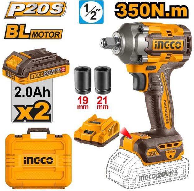 Imagen de LLAVE DE IMPACTO 1/2" 20 V  - 2 BATERÍAS 2.0 AH INGCO