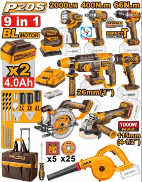 Imagen de KIT HERRAMIENTAS A BATERÍA 9 PIEZAS INGCO