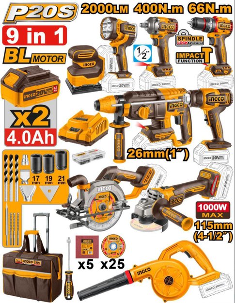 Imagen de KIT HERRAMIENTAS A BATERÍA 9 PIEZAS INGCO