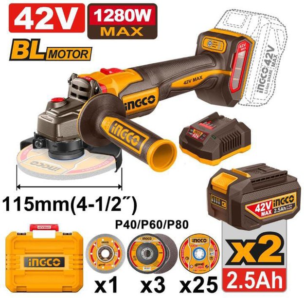 Imagen de AMOLADORA ANGULAR 4.5" 42V INGCO