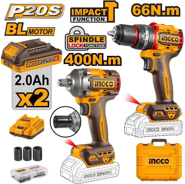Imagen de SET ATORNILLADOR Y LLAVE IMPACTO BATERÍA INGCO