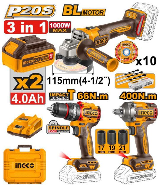 Imagen de KIT A BATERÍA 20 V 3 PIEZAS AMOLADORA / TALADRO / LLAVE DE IMPACTO INGCO