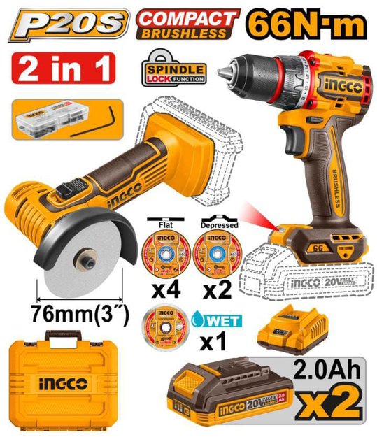 Imagen de KIT A BATERÍA 20 V MINI AMOLADORA 3" + TALADRO ATORNILLADOR 66 NM INGCO