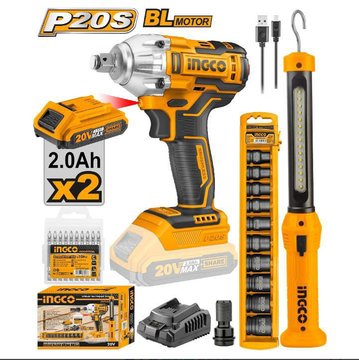 Imagen de COMBO LLAVE IMPACTO BATERÍA 20V 1/2" + LINTERNA + DADOS IMPACTO INGCO