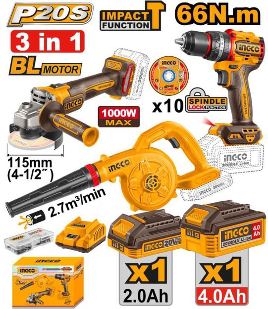 Imagen de COMBO A BATERÍA 20V 3 PIEZAS AMOLADORA /TALADRO /SOPLADORA INGCO