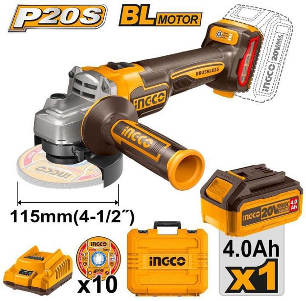 Imagen de AMOLADORA 4.5" 1 BATERÍA 20 V 4.0 AH INGCO