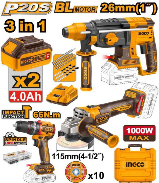 Imagen de COMBO A BATERÍA 3 PIEZAS TALADRO/AMOLADORA/ROTOPERCUTOR INGCO