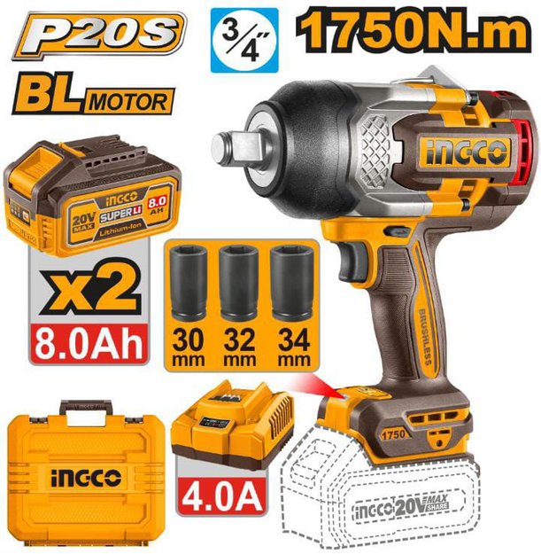 Imagen de LLAVE IMPACTO 3/4" BATERÍA 20V 1750NM INGCO