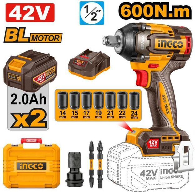 Imagen de LLAVE IMPACTO 1/2" BATERIA 42V 600NM INGCO