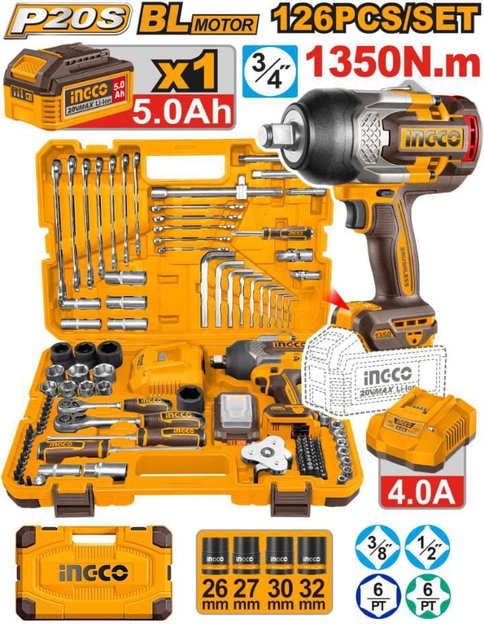 Imagen de SET LLAVE IMPACTO 3/4" BATERÍA 20 V 1350 NM INGCO