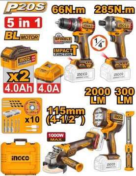 Imagen de KIT HERRAMIENTAS BATERÍA 20V 5 PIEZAS 4AH INGCO