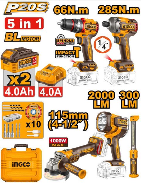 Imagen de KIT HERRAMIENTAS BATERÍA 20V 5 PIEZAS 4AH INGCO