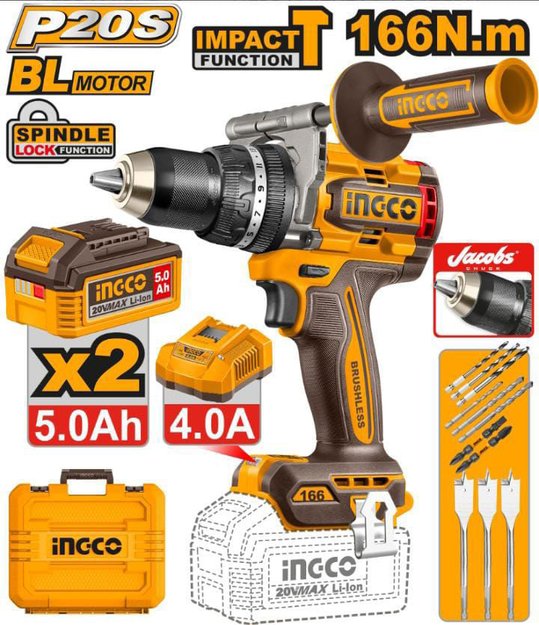 Imagen de TALADRO CON PERCUTOR BATERIA 20V 166NM INGCO
