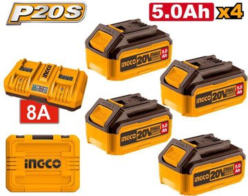 Imagen de CARGADOR DOBLE + 4 BATERÍAS 20V 5.0AH INGCO