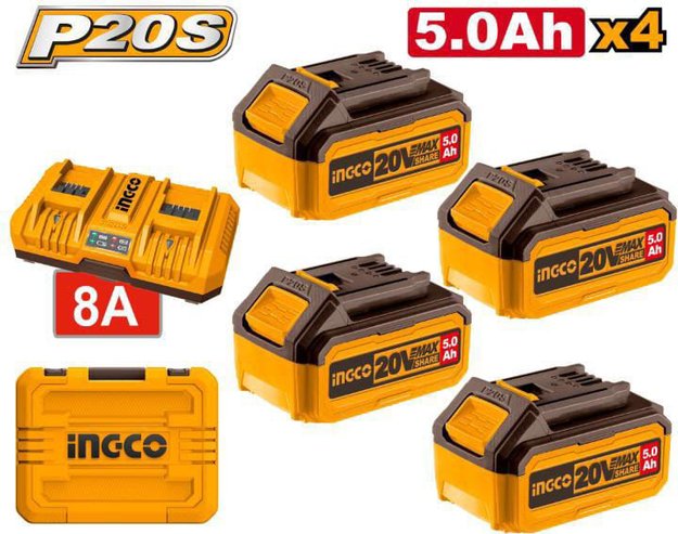 Imagen de CARGADOR DOBLE + 4 BATERÍAS 20V 5.0AH INGCO