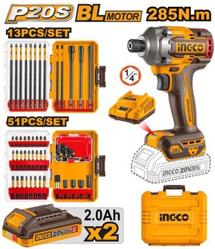 Imagen de ATORNILLADOR IMPACTO BATERÍA 20V + ACCESORIOS INGCO