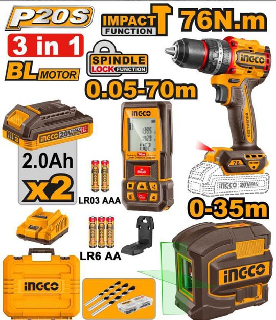 Imagen de COMBO A BATERÍA 20V 3 PIEZAS 2 BATERÍAS 2.0AH INGCO