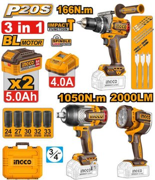 Imagen de COMBO A BATERÍA 20V 3 PIEZAS 2 BATERÍAS 5.0AH INGCO