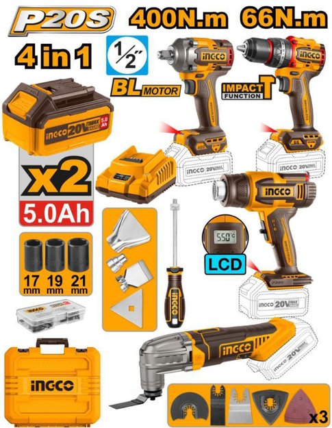 Imagen de COMBO A BATERÍA 20V 4 PIEZAS 2 BATERÍAS 5.0AH INGCO
