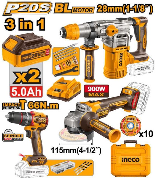 Imagen de COMBO BATERÍA 20V 3 PIEZAS 2 BATERÍAS 5.0AH INGCO