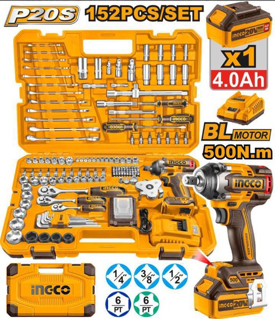 Imagen de LLAVE IMPACTO 1/2" BATERÍA 20V CON 152 ACCESORIOS INGCO