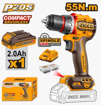 Imagen de TALADRO CON PERCUTOR BATERÍA 20V 55NM INGCO