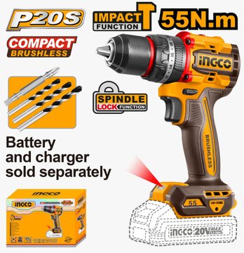 Imagen de TALADRO CON PERCUTOR A BATERÍA 20V 55NM CARCAZA INGCO
