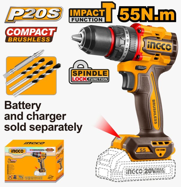Imagen de TALADRO CON PERCUTOR A BATERÍA 20V 55NM CARCAZA INGCO