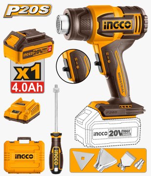 Imagen de PISTOLA CALOR BATERÍA 20V 550°C + ACCESORIOS INGCO
