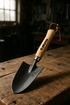 Take the product from the reference image (preserve its exact shape, colours, and brand details) and place it naturally in this setting at a realistic scale, with no people in the frame: photorealistic photo of a small metal garden spade with a natural wood handle resting on a rustic wooden workbench in a workshop setting, natural daylight streaming through windows, professional garage environment, sharp focus on the tool, authentic craftsman workspace atmosphere
