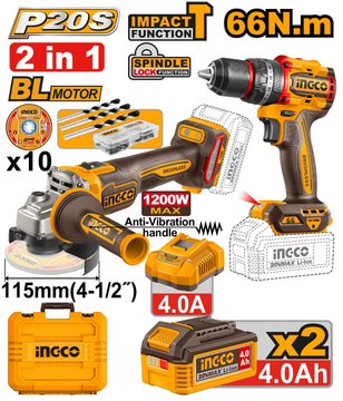 Imagen de COMBO TALADRO + AMOLADORA 4.5" BATERÍA INGCO