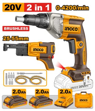 Imagen de ATORNILLADOR DRYWALL BATERÍA 20V + ACCESORIOS INGCO