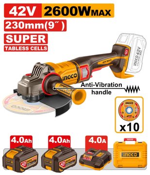 Imagen de AMOLADORA ANGULAR 9" BATERÍA 42V INGCO
