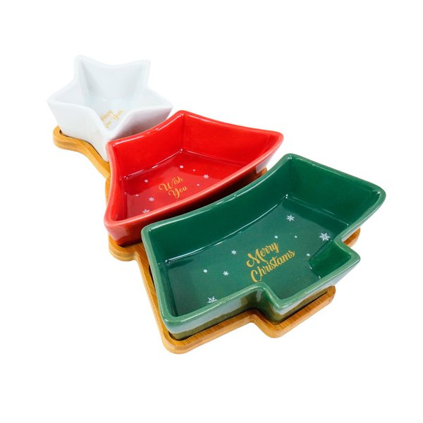 Imagen de COPETINERO CERAMICA BASE MADERA 3 BOWL FORMA ARBOL 19X28.5X5CM 37265 Q12