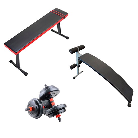 Imagen de Banco Plano + Banco Abs + 2 Mancuernas 20kg