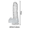 Imagen de Dildo consolador transparente con testículos, ventosa y  luces led cambian de color