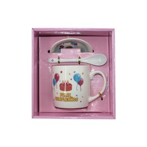 Imagen de Taza en cerámica Con plato y cuchara - Diseño Feliz Cumpleaños