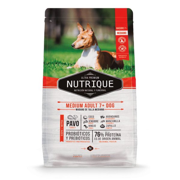 Alimento NUTRIQUE Perro Mature +7 Raza Mediana Pavo 12 + 3 Kg + Regalo ...