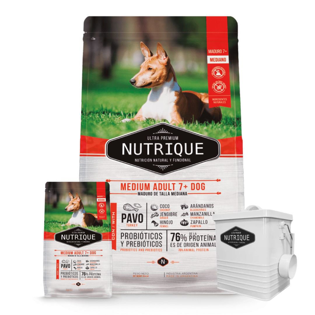 Alimento NUTRIQUE Perro Mature +7 Raza Mediana Pavo 12 + 3 Kg + Regalo ...