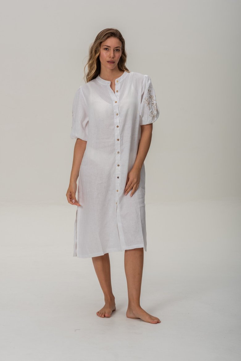 Imagen de Pampa - Vestido de Lino Bordado con Mangas Abullonadas Blanco