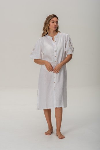 Imagen de Pampa - Vestido de Lino Bordado con Mangas Abullonadas Blanco