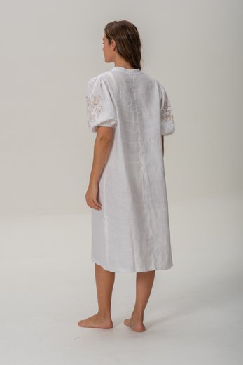 Imagen de Pampa - Vestido de Lino Bordado con Mangas Abullonadas Blanco